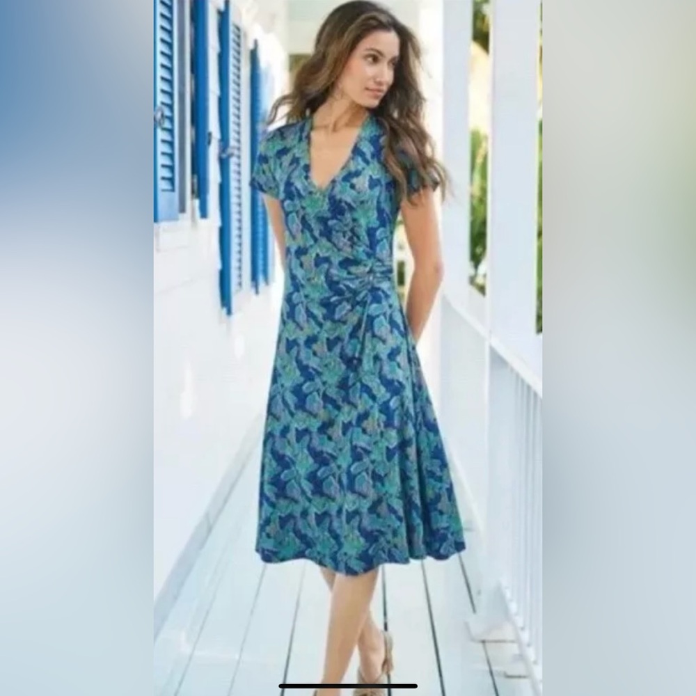 Soft Surroundings Blue Green Printed Midi Wrap Dress